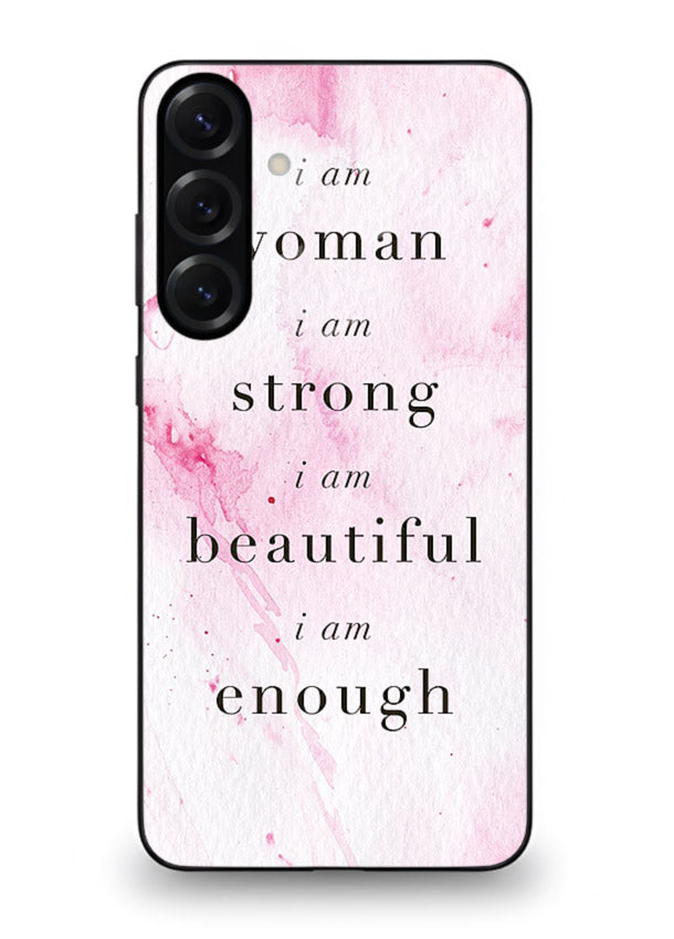 Pink marble affirmation artwork printed on Samsung A25 5G glass back cover with soft tones.