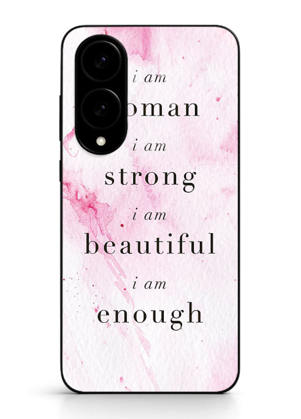 Pink marble affirmation artwork printed on Samsung S25 Edge glass back cover with soft tones.