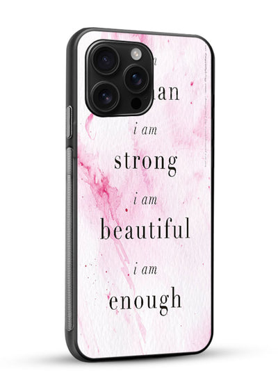 Pink marble affirmation artwork printed on glossy vibrant premium glass back cover with soft tones. - Angle Side