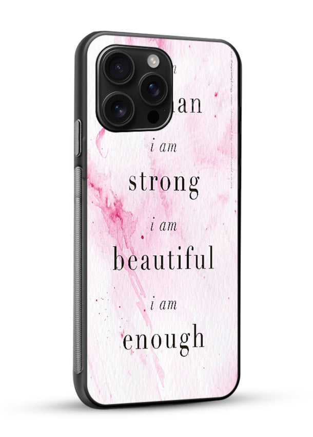 Pink marble affirmation artwork printed on glossy vibrant premium glass back cover with soft tones. - Angle Side