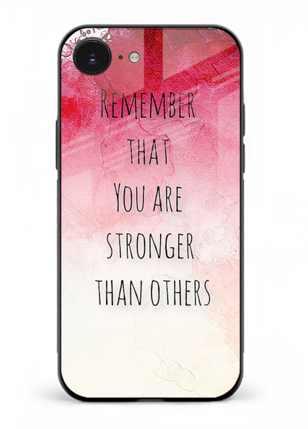 Watercolor determination quote printed on iphone 16e glass back cover with gentle tones.