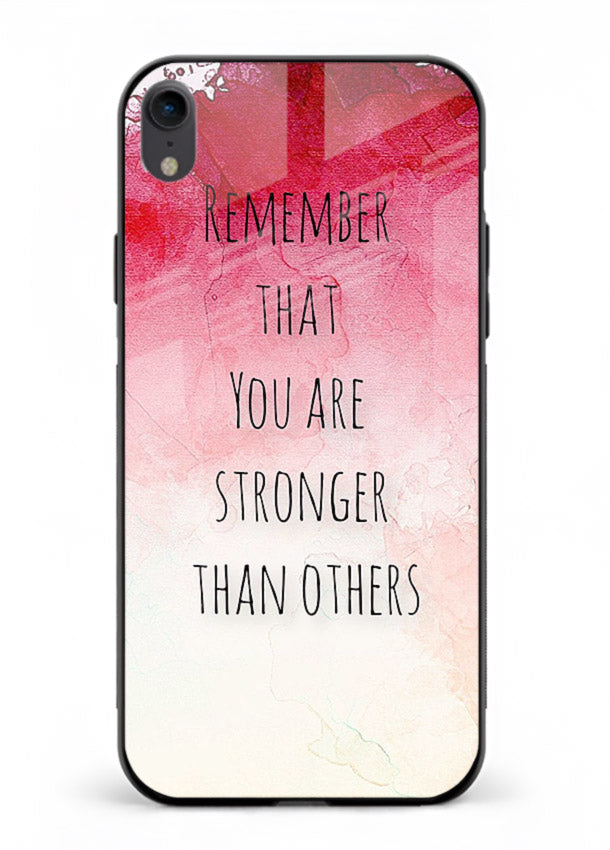 Watercolor determination quote printed on iphone xr glass back cover with gentle tones.