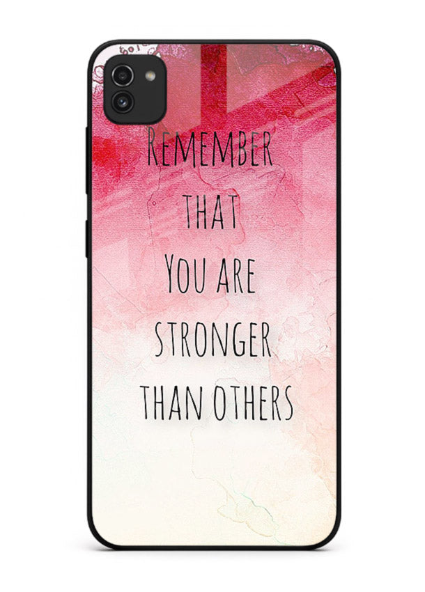 Watercolor determination quote printed on Samsung A03 glass back cover with gentle tones.
