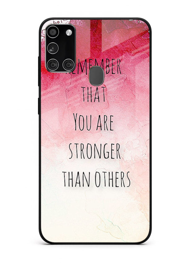Watercolor determination quote printed on Samsung A21s glass back cover with gentle tones.