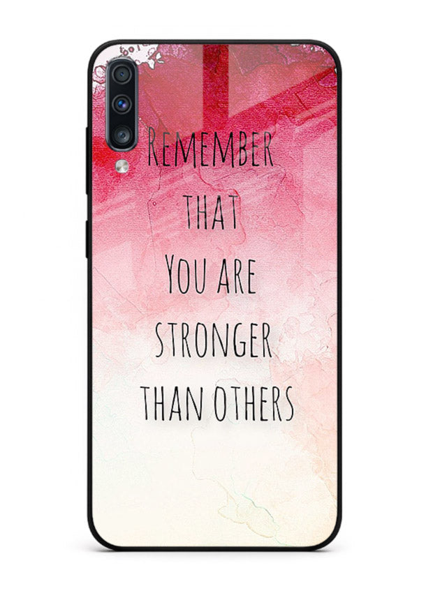 Watercolor determination quote printed on Samsung A70 glass back cover with gentle tones.