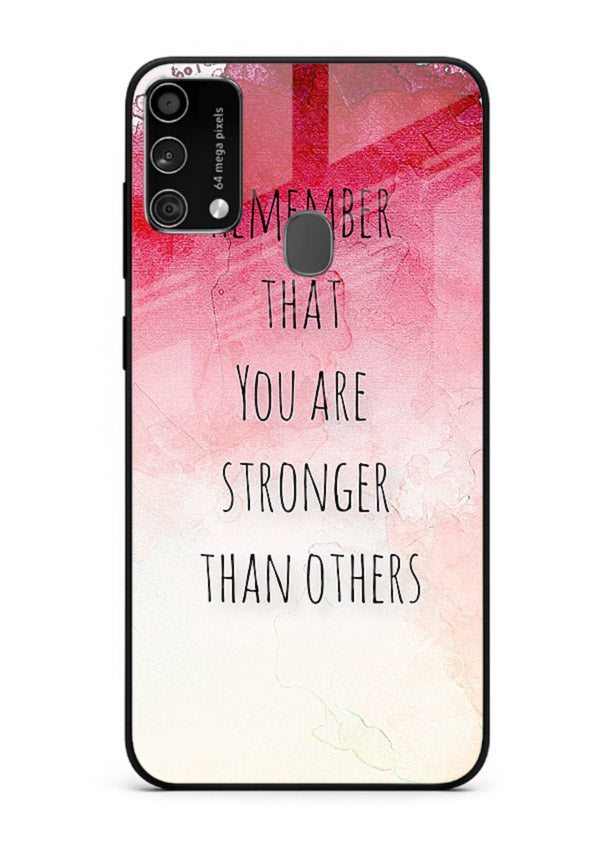 Watercolor determination quote printed on Samsung F41 glass back cover with gentle tones.