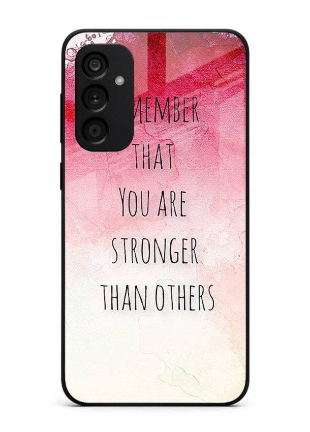 Watercolor determination quote printed on Samsung M14 5G glass back cover with gentle tones.
