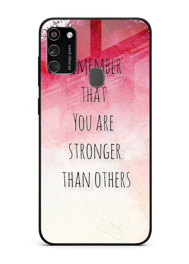 Watercolor determination quote printed on Samsung M21 glass back cover with gentle tones.