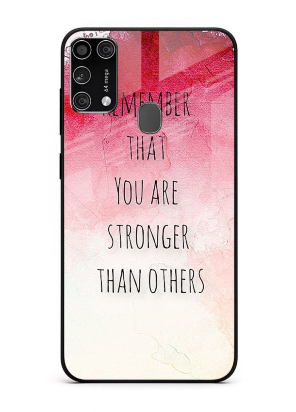 Watercolor determination quote printed on Samsung M31 glass back cover with gentle tones.