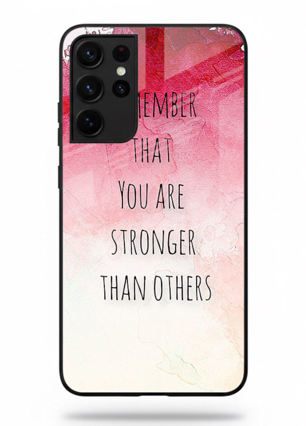 Watercolor determination quote printed on Samsung S21 Ultra glass back cover with gentle tones.