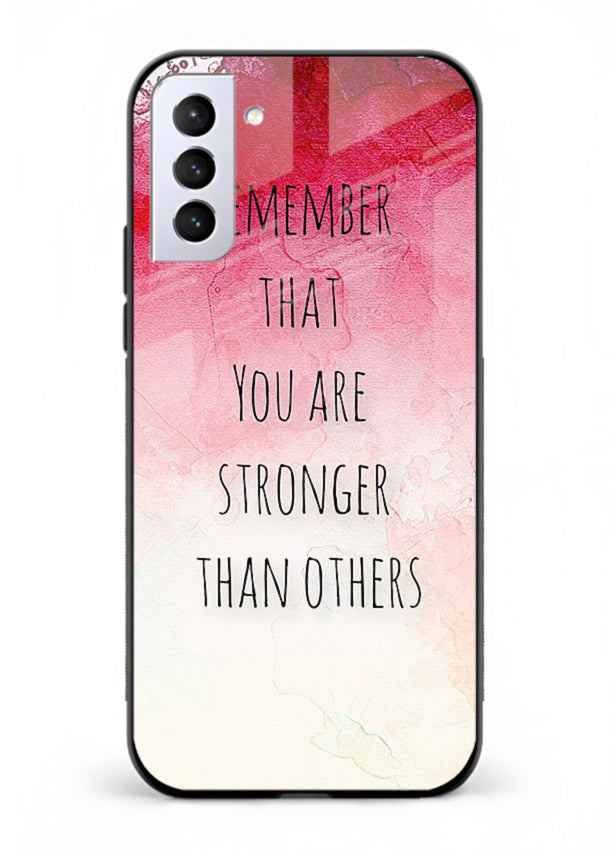 Watercolor determination quote printed on Samsung S21 FE glass back cover with gentle tones.