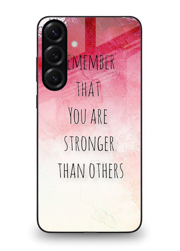 Watercolor determination quote printed on Samsung S24 FE glass back cover with gentle tones.