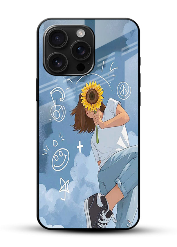 Sunflower Girl Sky dreamy artwork glossy vibrant premium glass back cover - Angle Front