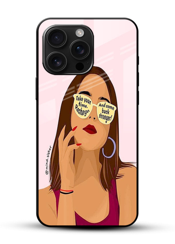 Sunglasses Girl Glow portrait artwork glossy vibrant premium glass back cover - Angle Front
