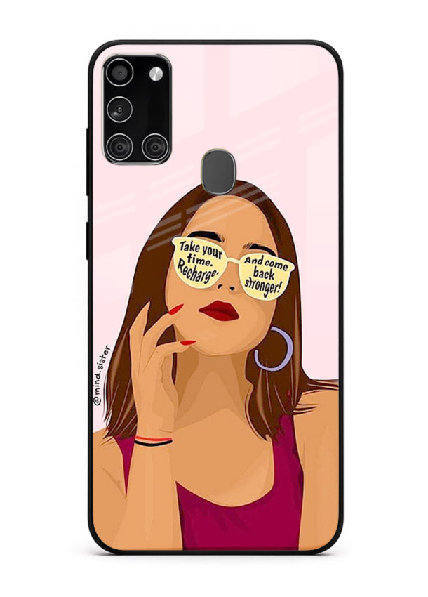 Sunglasses Girl Glow portrait artwork Samsung A21s glass back cover