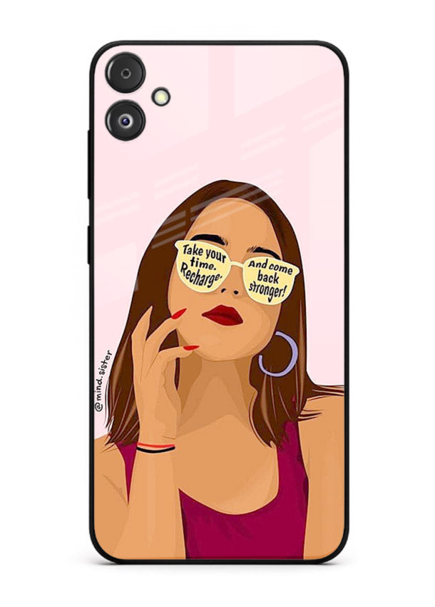 Sunglasses Girl Glow portrait artwork Samsung F05 5G glass back cover