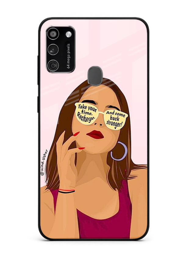 Sunglasses Girl Glow portrait artwork Samsung M30s glass back cover