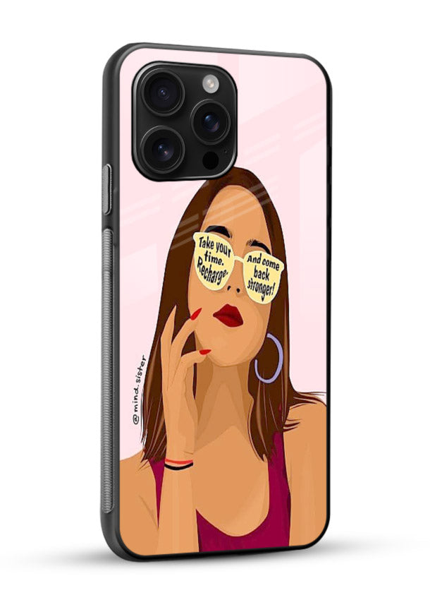 Sunglasses Girl Glow portrait artwork glossy vibrant premium glass back cover - Angle Side