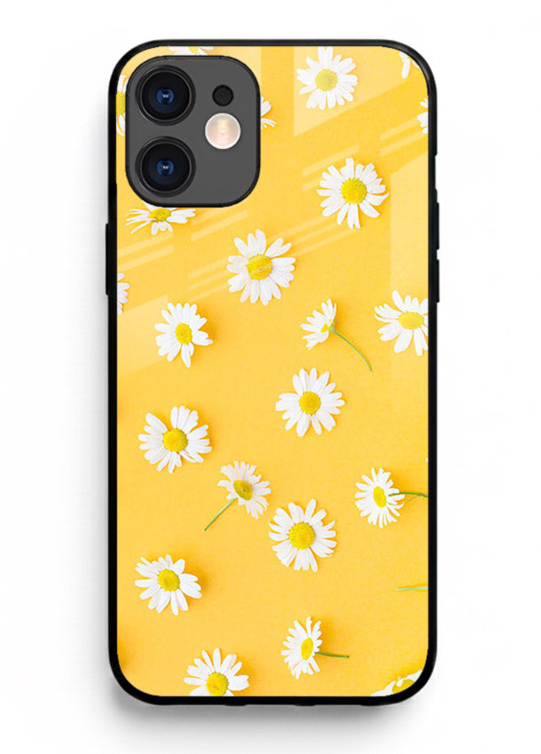 Sunny daisy artwork on iphone 12 mini glass back cover with bright cheerful floral tones.