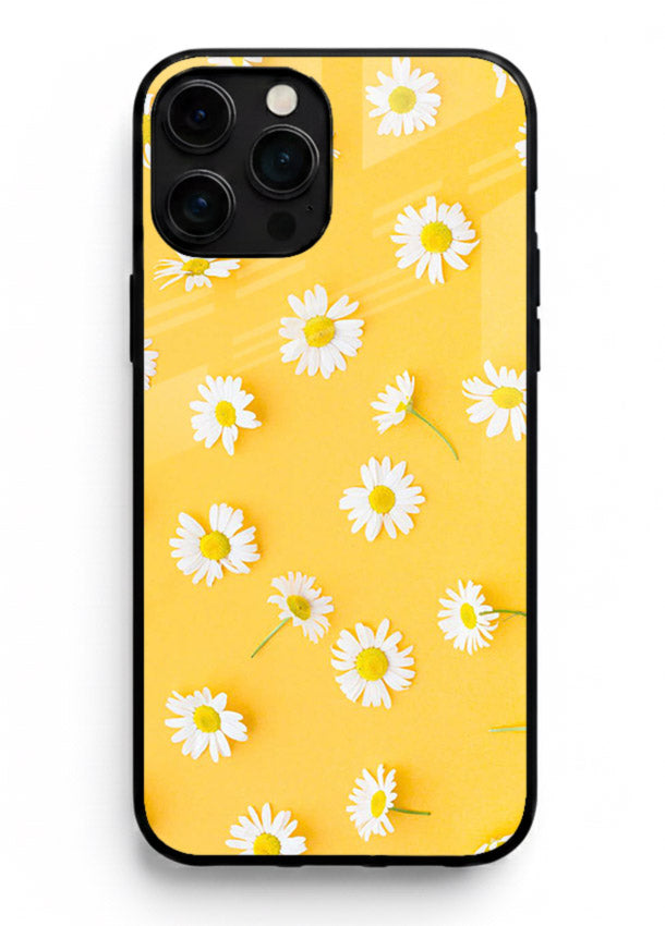 Sunny daisy artwork on iphone 13 pro max glass back cover with bright cheerful floral tones.