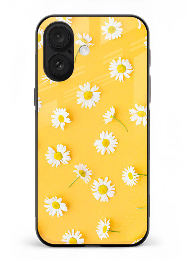 Sunny daisy artwork on iphone 17 glass back cover with bright cheerful floral tones.
