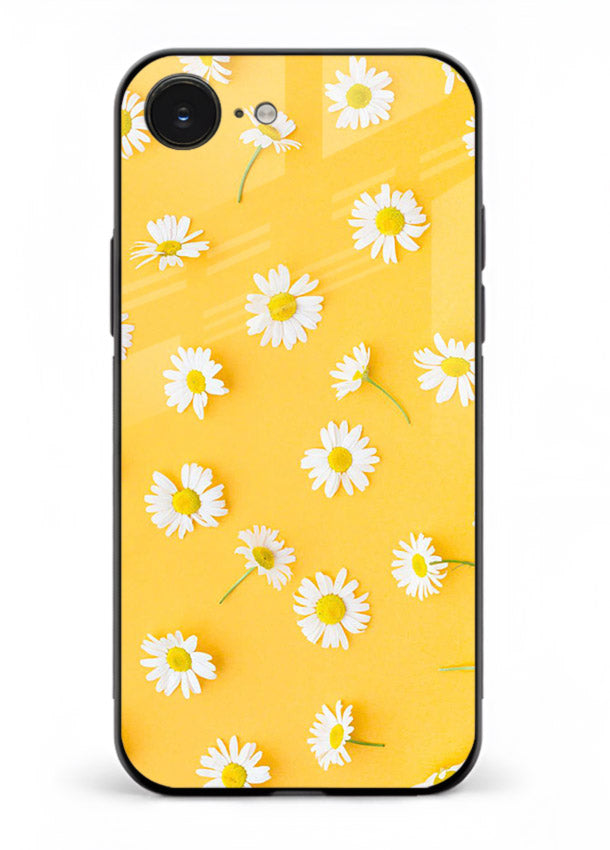 Sunny daisy artwork on iphone 16e glass back cover with bright cheerful floral tones.