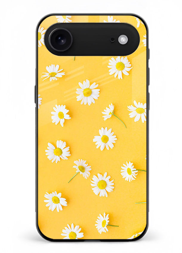 Sunny daisy artwork on iphone 18 air glass back cover with bright cheerful floral tones.