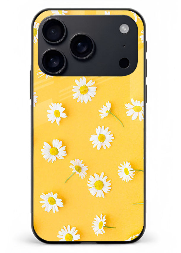 Sunny daisy artwork on iphone 18 pro max glass back cover with bright cheerful floral tones.