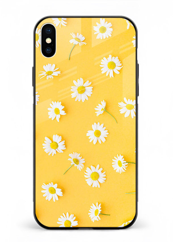 Sunny daisy artwork on iphone xs max glass back cover with bright cheerful floral tones.
