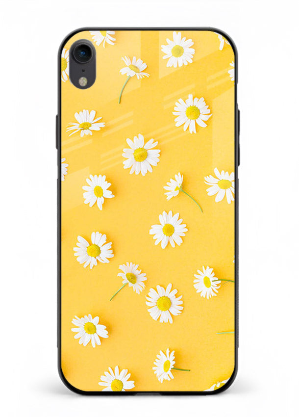 Sunny daisy artwork on iphone xr glass back cover with bright cheerful floral tones.