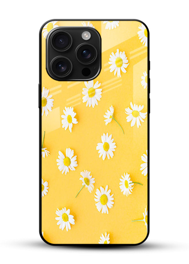 Sunny daisy artwork on glossy vibrant premium glass back cover with bright cheerful floral tones. - Angle Front