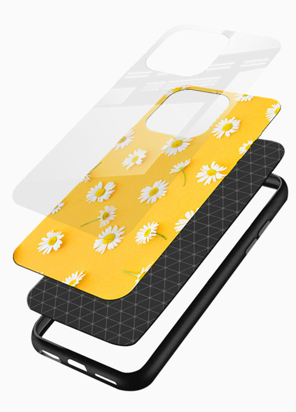 Sunny daisy artwork on glossy vibrant premium glass back cover with bright cheerful floral tones. - Angle Layers