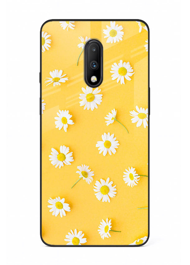 Sunny daisy artwork on OnePlus 7 glass back cover with bright cheerful floral tones.