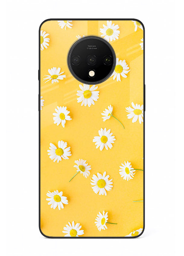 Sunny daisy artwork on OnePlus 7T glass back cover with bright cheerful floral tones.
