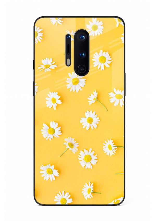 Sunny daisy artwork on OnePlus 8 Pro glass back cover with bright cheerful floral tones.