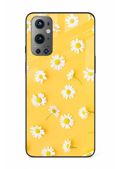 Sunny daisy artwork on OnePlus 9 glass back cover with bright cheerful floral tones.