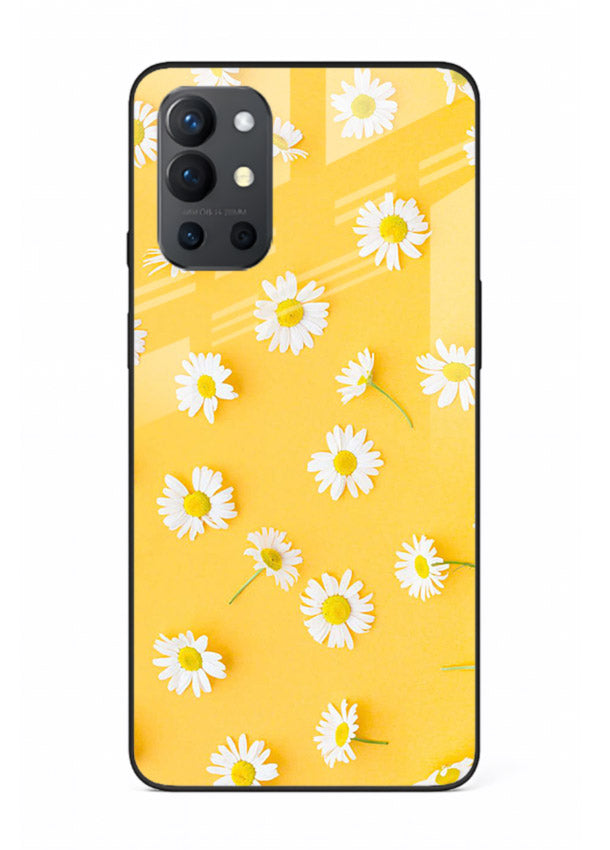 Sunny daisy artwork on OnePlus 9R glass back cover with bright cheerful floral tones.