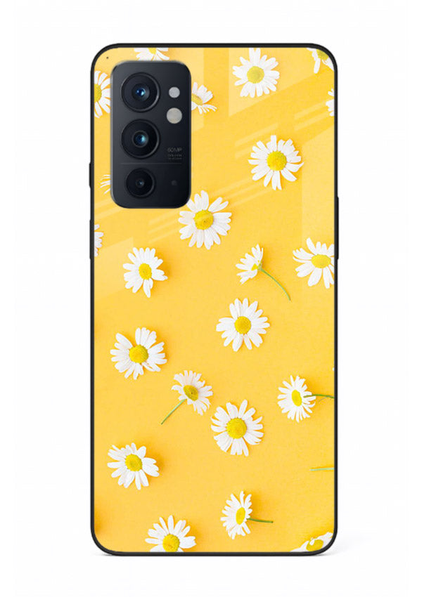 Sunny daisy artwork on OnePlus 9RT glass back cover with bright cheerful floral tones.