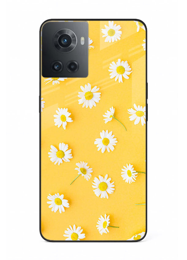 Sunny daisy artwork on OnePlus 10R glass back cover with bright cheerful floral tones.