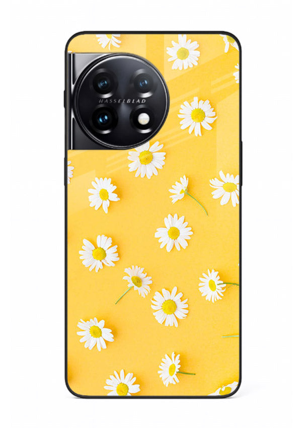 Sunny daisy artwork on OnePlus 11 glass back cover with bright cheerful floral tones.