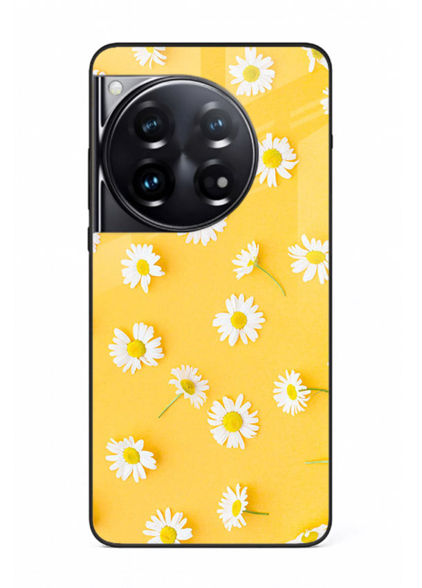 Sunny daisy artwork on OnePlus 12 glass back cover with bright cheerful floral tones.
