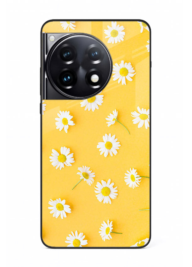 Sunny daisy artwork on OnePlus 12R glass back cover with bright cheerful floral tones.