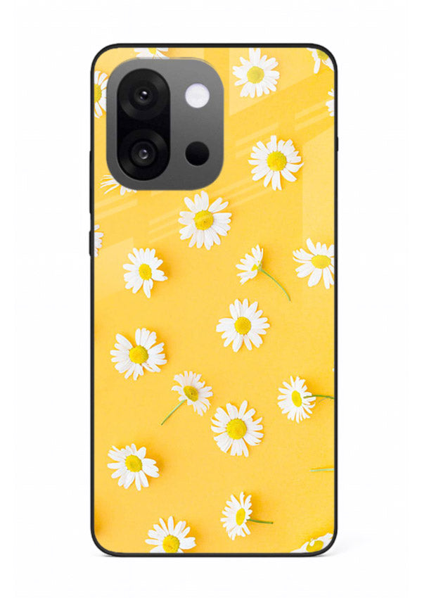 Sunny daisy artwork on OnePlus 13s glass back cover with bright cheerful floral tones.