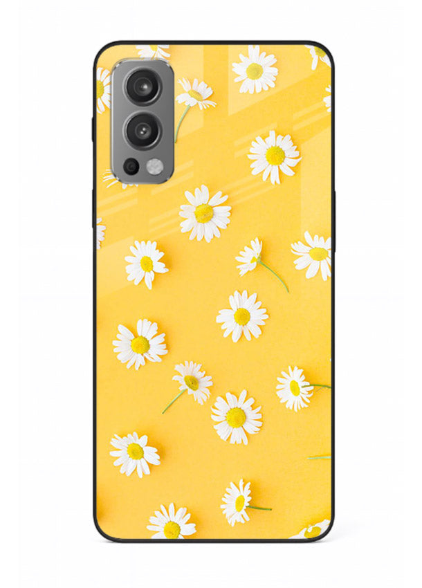 Sunny daisy artwork on OnePlus Nord 2 glass back cover with bright cheerful floral tones.