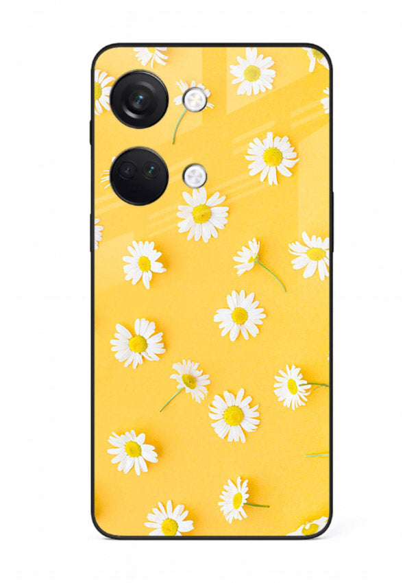 Sunny daisy artwork on OnePlus Nord 3 glass back cover with bright cheerful floral tones.