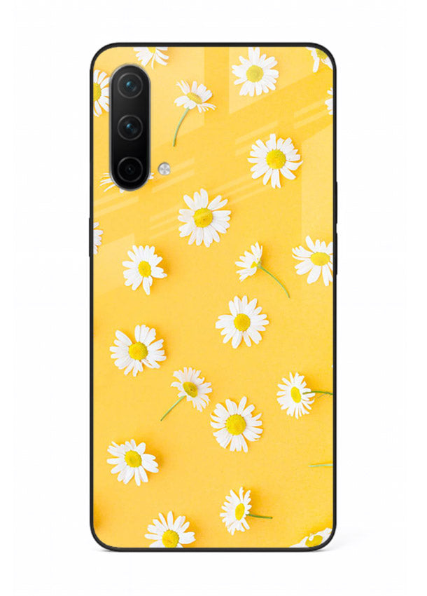Sunny daisy artwork on OnePlus Nord CE 5G glass back cover with bright cheerful floral tones.