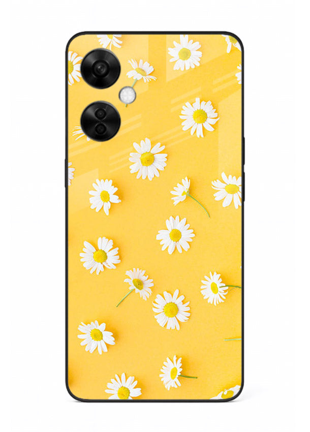 Sunny daisy artwork on OnePlus Nord CE3 Lite glass back cover with bright cheerful floral tones.