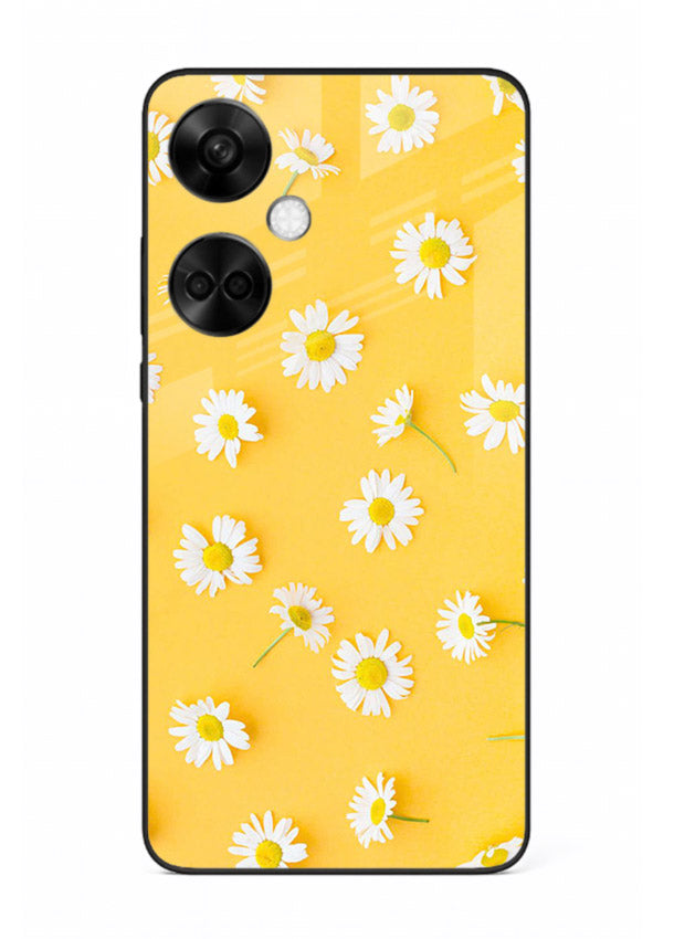 Sunny daisy artwork on OnePlus Nord CE3 glass back cover with bright cheerful floral tones.