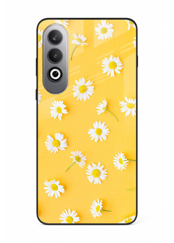 Sunny daisy artwork on OnePlus Nord CE4 glass back cover with bright cheerful floral tones.