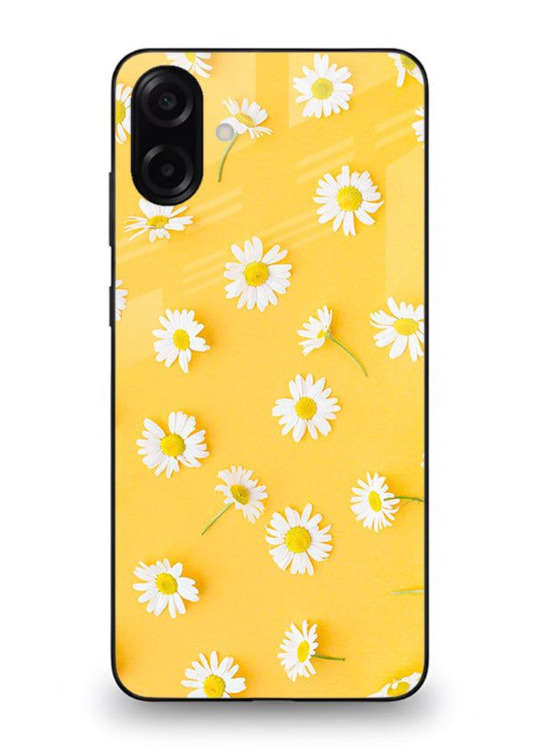 Sunny daisy artwork on Samsung M13 5G glass back cover with bright cheerful floral tones.